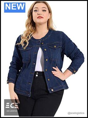 Plus Size Collarless Button Down Denim Jacket Long Sleeve